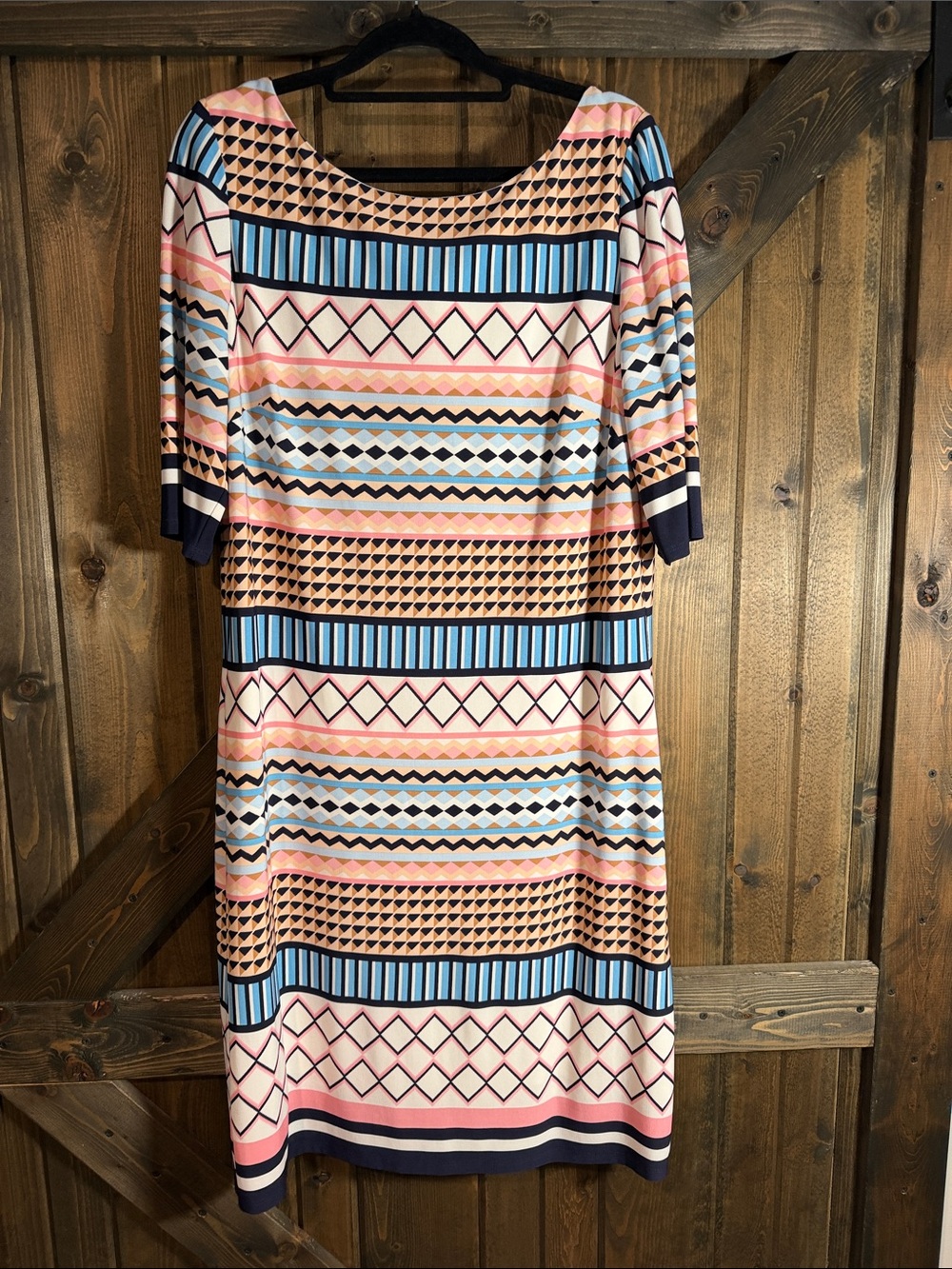 Eliza J Striped Geometric Midi Dress in Pink, Blue and Cream